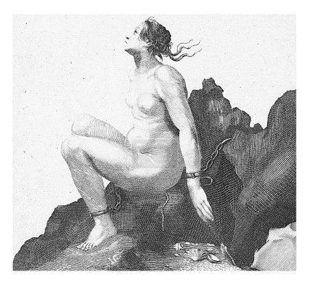 Foto de Andrómeda, anónima, después de Claude Mellan, 1688 - 1698 Andrómeda encadenada a la roca, junto a ella algunas conchas. - Imagen libre de derechos