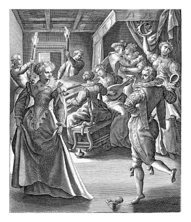 Foto de Las cinco vírgenes tontas bailan y hacen música, Crispijn van de Passe (I), después de Maerten de Vos, 1589 - 1611 Salida con una elegante compañía. - Imagen libre de derechos