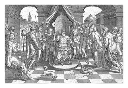 Téléchargez les photos : Moïse et Aaron avec le Pharaon, Johannes Wierix, après Marten van Cleve (I), 1639 Moïse et Aaron parlent avec le Pharaon. Aaron jeta son bâton à terre et le bâton se transforma en serpent. - en image libre de droit