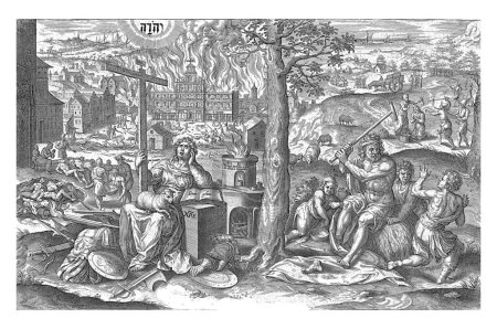Foto de Paciencia en la adversidad, Hans Collaert (I), después de Crispijn van den Broeck, 1577 En primer plano a la izquierda la personificación Paciencia (Patientia), rodeado de armamento. - Imagen libre de derechos