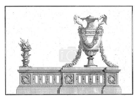 Téléchargez les photos : Firebuck avec vase, Augustin Foin, d'après Jean François Quarante, 1775-1790 Une boîte à feu ornée d'une torche avec des serpents à gauche et un vase avec guirlande florale et deux dragons. - en image libre de droit