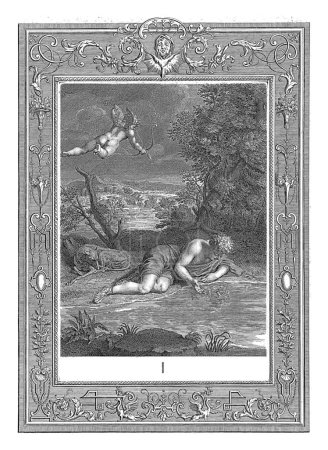 Photo for Narcissus in love with his own reflection, Bernard Picart (workshop of), after Bernard Picart, 1733 Narcissus lies along the shore of a lake and falls in love with his own reflection. - Royalty Free Image