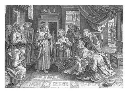 Foto de María y los Apóstoles Llorando por Cristo, Philips Galle (atribuido al taller de), después de Jan van der Straet, 1547 - 1612 En el centro de una sala de estar están los Apóstoles, María y varias mujeres. - Imagen libre de derechos
