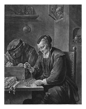 Photo for Gold weigher (variant without devils), Jan van der Bruggen, after David Teniers (II), 1659 - 1740 In a room a woman weighs gold while a man writes down data on a piece of paper. - Royalty Free Image