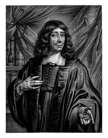 Téléchargez les photos : Portrait de Paul Dusoul, Bernard Vaillant, d'après Jacques Vaillant, 1642 1698 Paul Dusoul à l'âge de 54 ans. Il se tient devant une bibliothèque et un rideau. - en image libre de droit