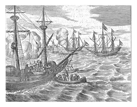 Téléchargez les photos : Mer avec des navires de guerre, anonyme, 1650 - 1750 Voiliers en mer. Sur le navire avant sont des hommes blindés. - en image libre de droit