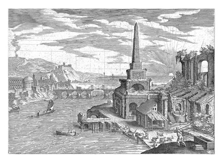 Foto de Paisaje con obelisco, Adriaen Collaert, después de Hendrick van Cleve, 1587 En primer plano la orilla de un río con varios barcos. Un obelisco egipcio se levanta sobre un pedestal junto a una ruina. - Imagen libre de derechos