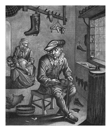 Téléchargez les photos : Cordonnier dans son atelier, Pieter van den Berge, 1686 - 1696 Un cordonnier travaille dans son atelier. Il répare une chaussure et fume une pipe. - en image libre de droit