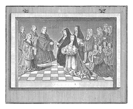 Foto de Clero masculino y femenino, Jacob Cornelisz van Oostsanen, después de Monogrammist HP (dibujante), 1729 Representación de una pintura del Agnietenklooster en Amsterdam. - Imagen libre de derechos