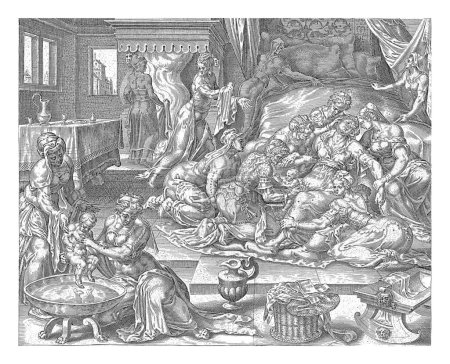 Photo for Birth of Peres and Zerach, Harmen Jansz Muller, after Maarten van Heemskerck, 1564 - 1568 Tamar gives birth to the twins Peres and Zerach. She is assisted by midwives. - Royalty Free Image
