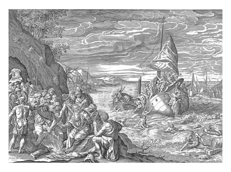 Téléchargez les photos : Paul à Malte, Harmen Jansz Muller, d'après Dirck Barendsz., 1633 - 1679 Pendant le voyage à Rome, le navire de Paul est naufragé au large des côtes de Malte. - en image libre de droit
