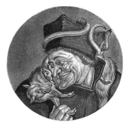 Foto de Clérigo con una serpiente y un zorro, Jacob Gole, después de Cornelis Dusart, 1693 - 1700 El astuto clérigo. En su cuello un zorro y una serpiente, ambos símbolos de astucia. - Imagen libre de derechos