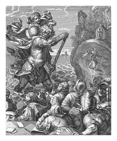 Saint Christophe et les spectateurs, Pieter de Jode (I), d'après Otto van Veen, 1590-1632 Paysage vallonné avec une rivière turbulente. Saint Christophe patauge dans l'eau avec un enfant sur le dos.