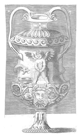 Téléchargez les photos : Vase avec un putto piquant, anonyme, c. 1500 - c. 1600 Vase avec deux oreilles sur un pied. Le ventre du vase est décoré d'un putto urinant dans un pot et d'un serpent. - en image libre de droit