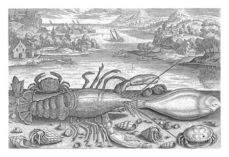 Foto de Un pez y algunos crustáceos en la playa, Adriaen Collaert, 1627 - 1636 Un lenguado, una langosta, dos cangrejos y dos cangrejos ermitaños se lavan en la playa junto con algunas conchas. - Imagen libre de derechos