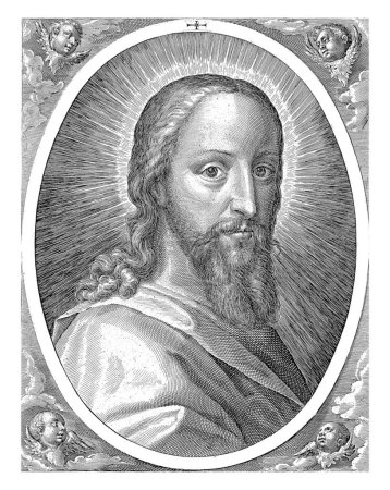 Téléchargez les photos : Buste du Christ, Crispijn van de Passe (I), 1601 Christ, avec un halo autour de la tête. Le buste est placé dans un cadre avec une inscription en latin. - en image libre de droit