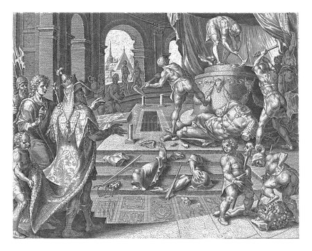 Téléchargez les photos : Le roi Cyrus fait briser la statue de Bel, Philips Galle, d'après Maarten van Heemskerck, 1601 - 1633 Le roi Cyrus regarde comment les hommes brisent la statue du dieu Bel. - en image libre de droit