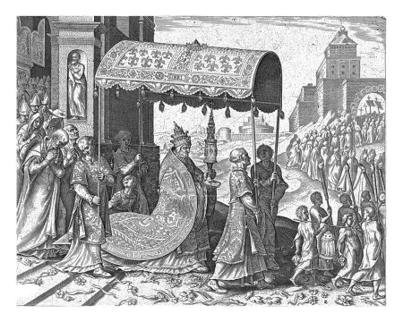 Foto de Ejecución de la tarea del clero por el Papa, Philips Galle, después de Maarten van Heemskerck, c. 1565 c. 1568 El Papa camina en una procesión de clero. En sus manos el cáliz con la Sagrada Hostia. - Imagen libre de derechos