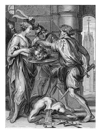 Foto de Decapitación de Juan el Bautista, Adriaen Lommelin, después de Lucas Franchoys, 1630 - 1677 Un verdugo pone la cabeza de Juan el Bautista en una bandeja en poder de Salomé. - Imagen libre de derechos