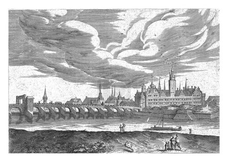 Téléchargez les photos : Vue de Dresde, Hendrick van Cleve, 1585 Vue de la ville de Dresde. Au premier plan le pont sur l'Elbe et les randonneurs. - en image libre de droit
