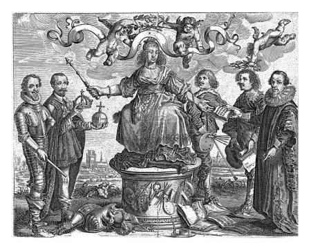 Téléchargez les photos : Cinq hommes offrent des attributs à une femme, Paulus Lesire, 1643 Une femme se tient sur un piédestal avec un sceptre à la main et est loué par deux putti. - en image libre de droit