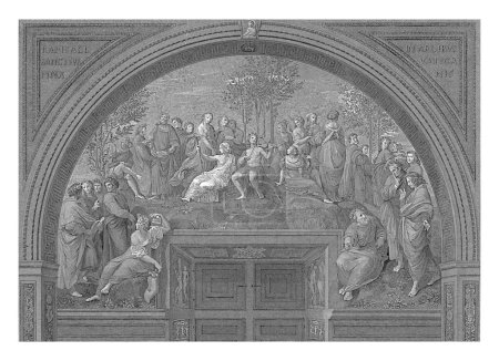 Foto de Apolo y Musas en el Monte Parnaso, Giovanni Volpato, después de Stefano Tofanelli, después de Rafael, 1743 - 1803 Apolo se sienta en el Monte Parnaso y toca su lira. - Imagen libre de derechos