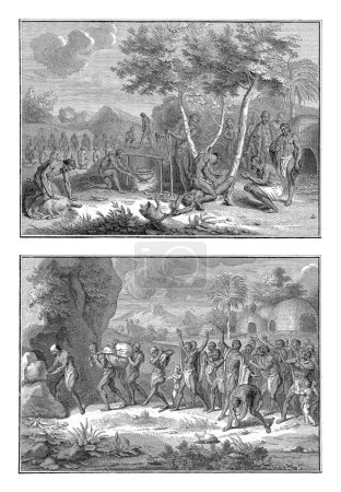 Téléchargez les photos : Circoncision et inhumation sous le Khoi, Bernard Picart (atelier de), d'après Bernard Picart, 1729 Feuille avec deux représentations de rituels du Khoi. - en image libre de droit