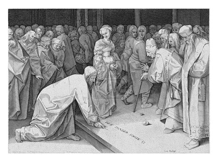Téléchargez les photos : Christ et la femme prise en adultère, Pieter Perret, d'après Pieter Bruegel (I), 1579 Dans le Temple, les pharisiens amènent une femme prise en adultère au Christ. - en image libre de droit