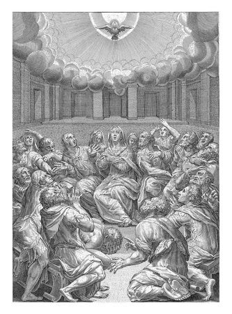 Téléchargez les photos : Déversement de l'Esprit Saint, Cornelis Cort, d'après Giorgio Vasari, 1574-1624 Marie et les apôtres sont assis en cercle dans un temple. - en image libre de droit