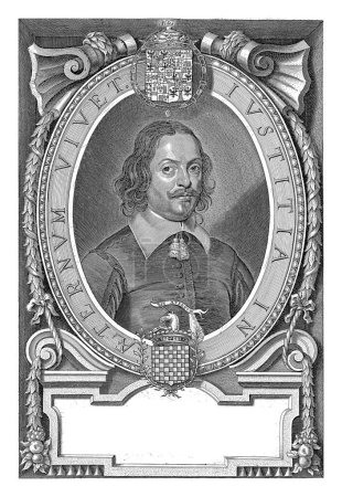 Téléchargez les photos : Portrait de Hieronymus Sannazarius, Pieter de Jode (II), d'après Anselm van Hulle, 1649 Buste portrait de Hieronymus Sannazarius. Le portrait est encadré dans un cadre ovale avec les armoiries. - en image libre de droit