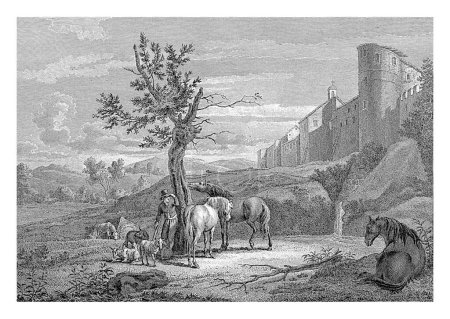 Téléchargez les photos : Berger avec bétail et trois chevaux dans un paysage, Abraham Vinkeles, d'après Adriaen van de Velde, 1800 - 1864 Un homme se penche contre un arbre avec quelques moutons. - en image libre de droit