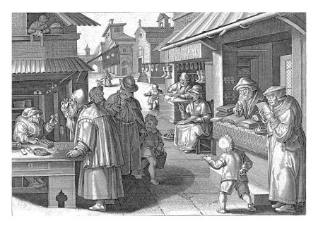 Téléchargez les photos : Brillenwinkel, Jan Collaert (II), d'après Jan van der Straet, vers 1593 - vers 1598 Un vieil homme essaie de nouvelles lunettes à la boutique locale de lunettes. Dans la même rue, d'autres personnes accomplissent leurs tâches quotidiennes. - en image libre de droit
