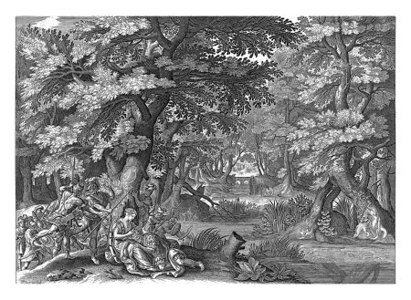 Foto de Sansón y Dalila, anónimos, después de Nicolás de Bruyn, después de Antonie Wierix (II), después de Maerten de Vos, 1630 - 1702 Sansón duerme en el regazo de Dalila, cortándose el pelo. - Imagen libre de derechos