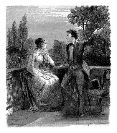 Téléchargez les photos : Jeune couple sur une terrasse, Willem Frederik Wehmeyer, d'après Herman Frederik Carel ten Kate, 1837 - 1854 - en image libre de droit