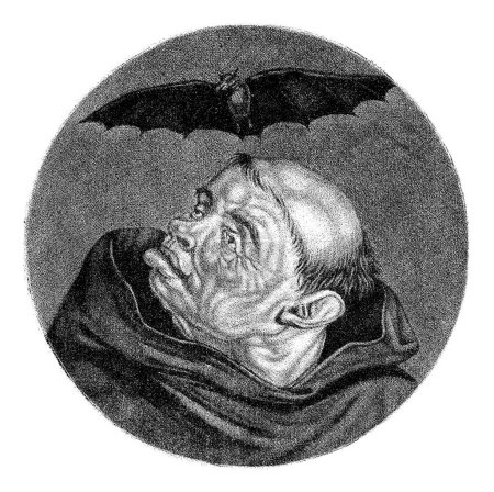 Foto de Monje y murciélago, Jacob Gole, después de Cornelis Dusart, 1693 - 1700 Un murciélago vuela sobre la cabeza de un monje. La impresión es parte de una serie de caricaturas del clero francés bajo Luis XIV. - Imagen libre de derechos