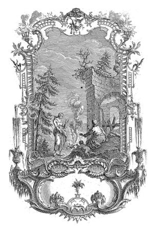 Téléchargez les photos : Women by Open Fire, Carl Albert von Lespilliez, d'après François de Cuvillies (Sr.), 1745 Une femme se tient à côté d'un feu ouvert dans un paysage. A sa droite, une femme et un enfant s'assoient près d'une ruine. - en image libre de droit