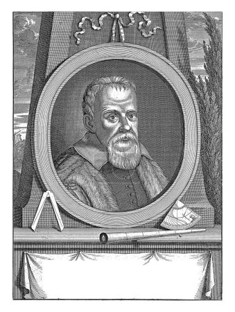 Téléchargez les photos : Portrait de Galilée, Joseph Mulder, 1668 - 1738 Portrait du physicien et astronome Galilée. Devant le portrait se trouvent une boussole et un stargazer. - en image libre de droit