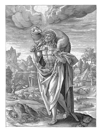 Téléchargez les photos : Christ Bon Pasteur, Hieronymus Wierix, d'après Maerten de Vos, 1563 - avant 1611 Christ porte un agneau sur ses épaules, sur sa tête la couronne d'épines. - en image libre de droit