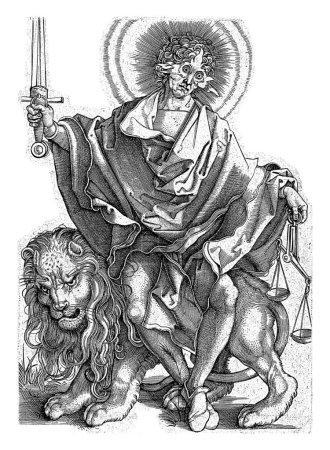Photo for Sun of Justice (Sol Justitiae), Hieronymus Wierix, after Albrecht Durer, 1566 Justice as the sun god, with a sword in one hand and scales in the other, mounted on a lion. - Royalty Free Image
