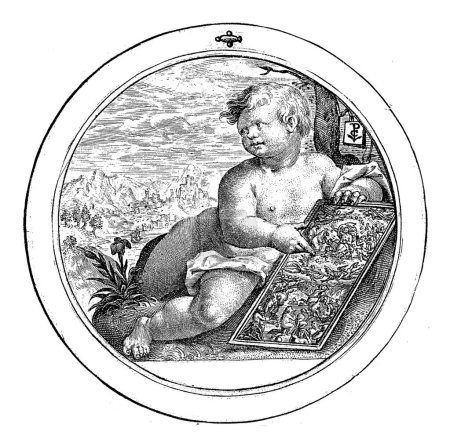 Foto de Putto apunta a la tablilla, Crispijn van de Passe (I), Medallón de 1594 con un putto sosteniendo una tablilla con el Juicio Final. La impresión tiene un marco con una cita bíblica de 2 Pet. 3 en latín. - Imagen libre de derechos