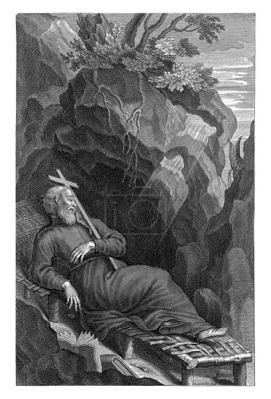 Téléchargez les photos : Jan Baptist van Baeza, Adriaen Lommelin, 1630 - 1677 Jan Baptist van Baeza, martyr chrétien au Japon, couché avec une croix pressée contre lui sur un lit près d'une grotte. - en image libre de droit