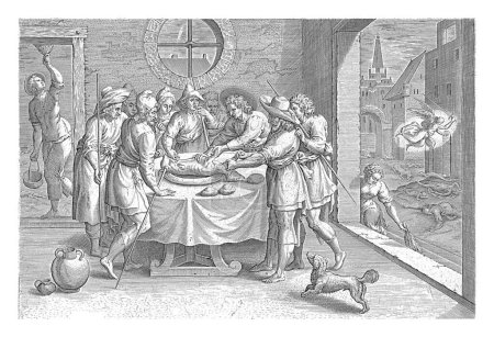 Téléchargez les photos : Pâques et la dixième peste d'Egypte, Johann Sadeler (I), d'après Marten van Cleve (I), 1639 L'intérieur d'une maison. Au premier plan une famille juive autour d'une table avec l'offrande pascale - en image libre de droit