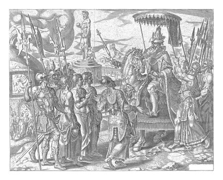 Foto de Sadrac, Mesac y Abed Nego ante el rey Nabucodonosor, Felipe Galle, después de Maarten van Heemskerck, 1565 Los tres judíos que se niegan a adorar la estatua de oro deben comparecer ante el rey Nabucodonosor. - Imagen libre de derechos