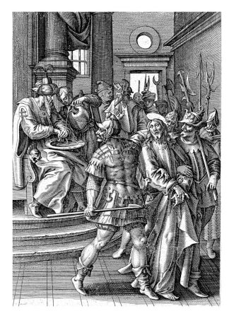 Téléchargez les photos : Pilate se lave les mains dans l'innocence, Antonie Wierix (II), après Maerten de Vos, 1583 - 1587 Christ est condamné à mort et emmené. Pilate se lave les mains dans l'innocence. - en image libre de droit