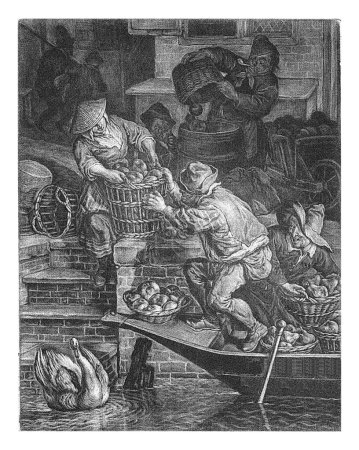 Photo for September, Cornelis Dusart, 1679 - 1704 Fruit merchants load different types of fruit into their boat. From the side, a woman hands a large basket of apples. - Royalty Free Image