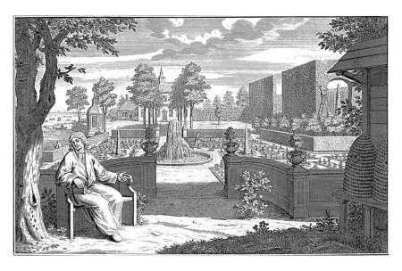 Photo for A man in his garden, Jan Caspar Philips, 1736 - 1775 View of a French garden in which gardeners are at work and a country house. In the foreground a man, pointing to a rosebush. - Royalty Free Image
