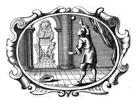 Foto de Adversity Exalts Man, Gaspar Bouttats, 1679 Página de un libro (p.55) con texto en verso. En un cartucho ovalado el interior de una habitación. - Imagen libre de derechos