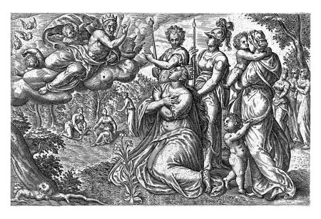 Téléchargez les photos : Mariée est invitée au ciel, Johannes Wierix (éventuellement), après Gérard van Groeningen, 1574 Christ, couché sur une nuée accompagné d'anges, apparaît à son épouse (Sponsa). - en image libre de droit