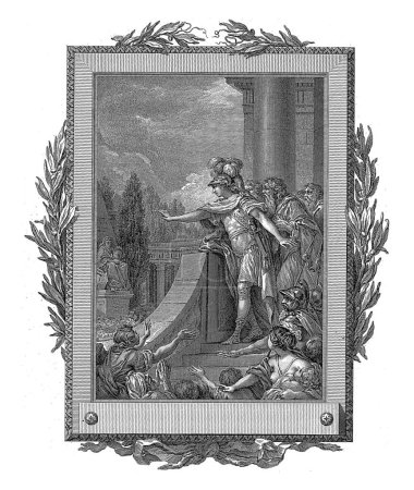 Téléchargez les photos : Télémaque refuse la couronne de Crète, Jean-Baptiste Tilliard, après Charles Monnet, 1785 Télémaque debout au sommet d'un escalier étend son bras. - en image libre de droit