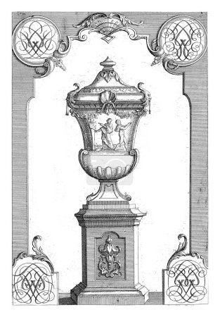 Photo for Panel with garden vase and monograms in the corners, Gerrit Visscher, after Jean Bernard Honore Turreau, 1690 - 1710 - Royalty Free Image